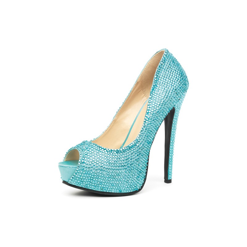 LEG AVENUE GLAMOUR PEEP TOE PUMP TURQUESA SATINADO CON STRASS