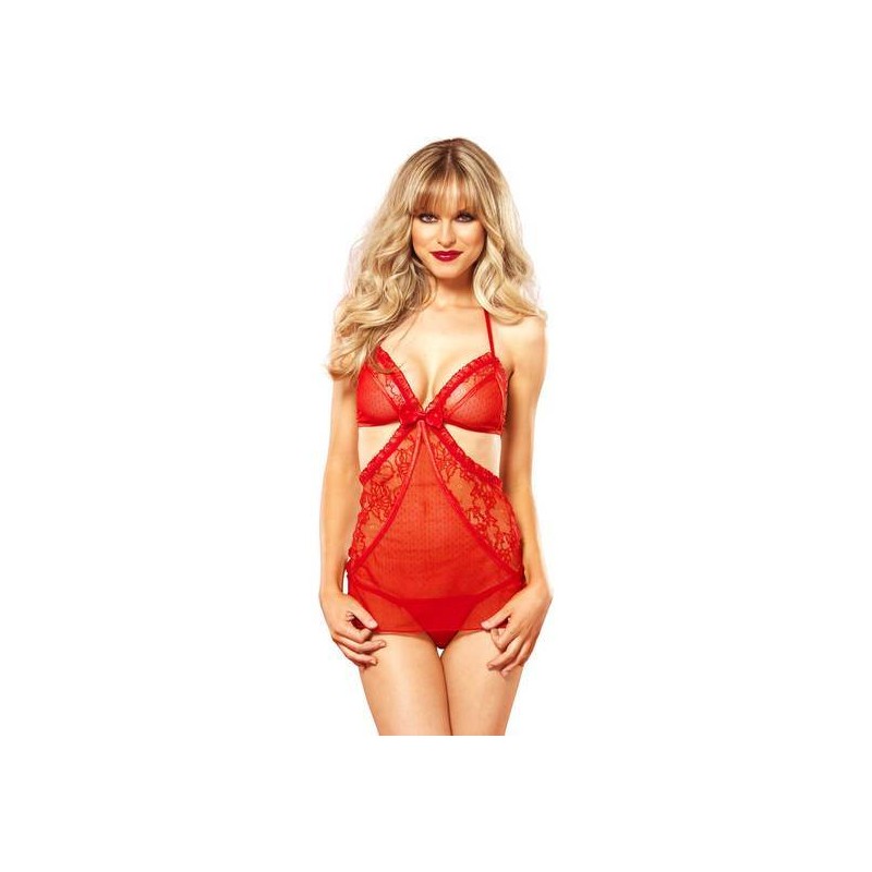 LEG AVENUE CONJUNTO 2 PIEZAS CHEMISE TIPO DELANTAL CON CINTA SATÉN Y TANGA ROJO