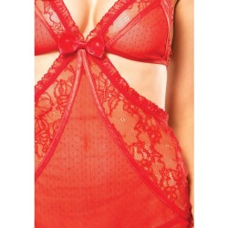 LEG AVENUE CONJUNTO 2 PIEZAS CHEMISE TIPO DELANTAL CON CINTA SATÉN Y TANGA ROJO