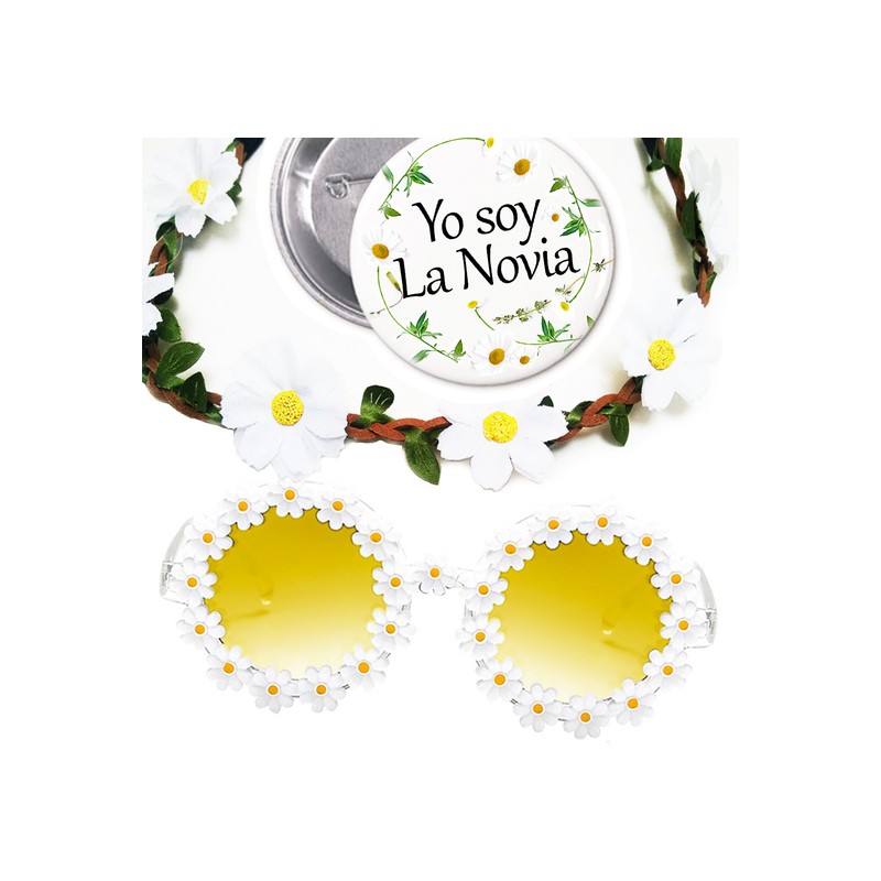 KIT FLOWER POWER GAFAS CORONA MARGARITAS CHAPA YO SOY LA NOVIA